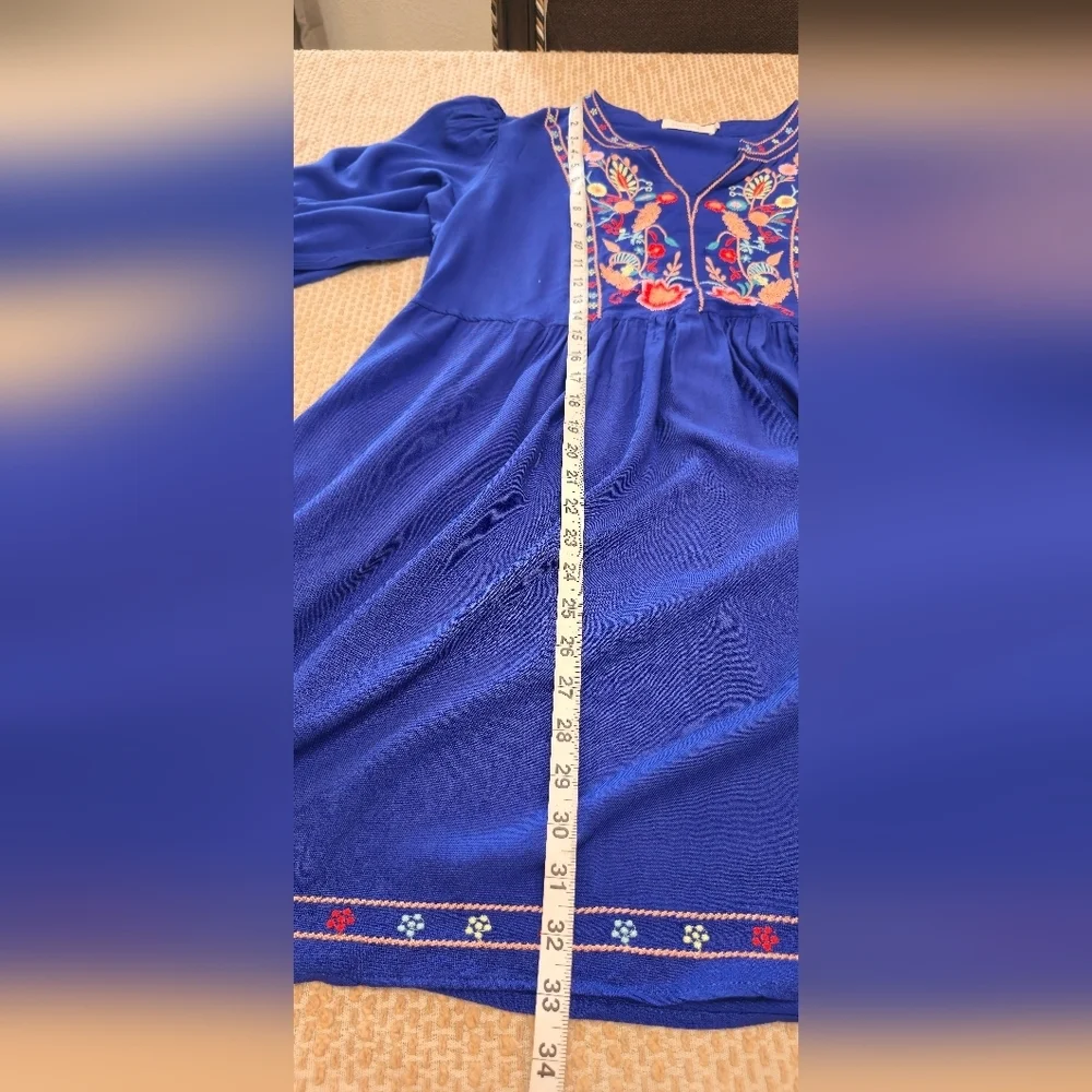 Solitaire Royal Blue Embroidered Bohemian Peasant Dress With Pockets Size Large - Picture 5 of 13
